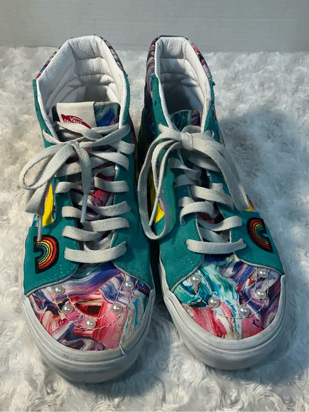 Vans Kids Teal Multicolor High-Top Sneakers with Rainbow Patch